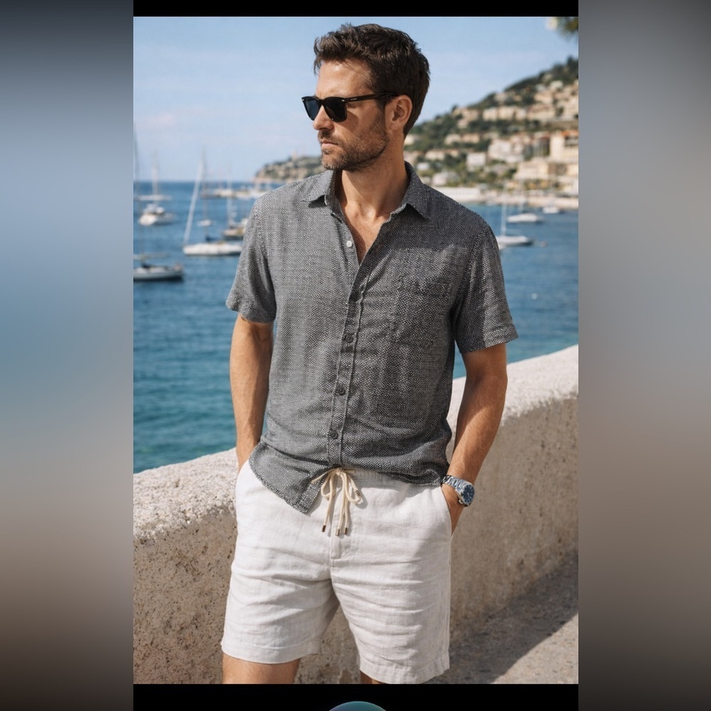 Ermenegildo Zegna 100% Linen Short Sleeve Button Down Shirt Gray Micro Print L